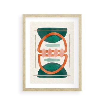 Plakat w ramie 50x70 - Oryginalny obraz abstrakcyjny w nowoczesnym stylu. Geometryczne akwarelowe kształty w intensywnych odcieniach zieleni i pomarańczu. Doskonała dekoracja dla miłośników sztuki. - abstrakcyjny obraz, sztuka nowoczesna - rama drewno