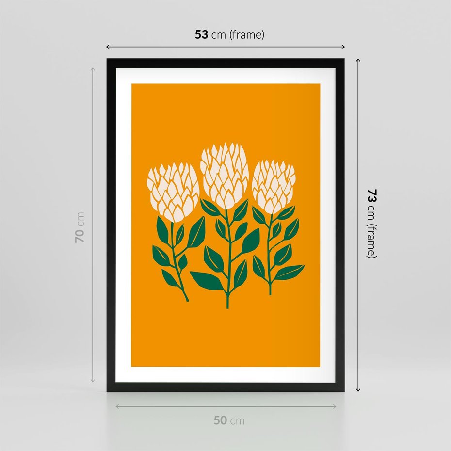Plakat w ramie 50x70 - Kolorowe Impresje - abstrakcyjna kwiatowa kompozycja, żółte mocne tło - rama czarna