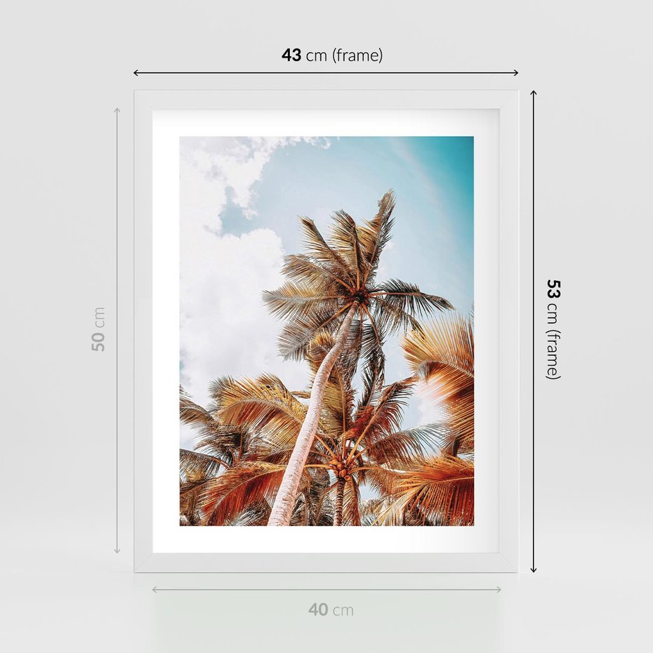 Plakat w ramie 40x50 - Plażowa Idylla z Palmami - palmy, rajska plaża - rama biała