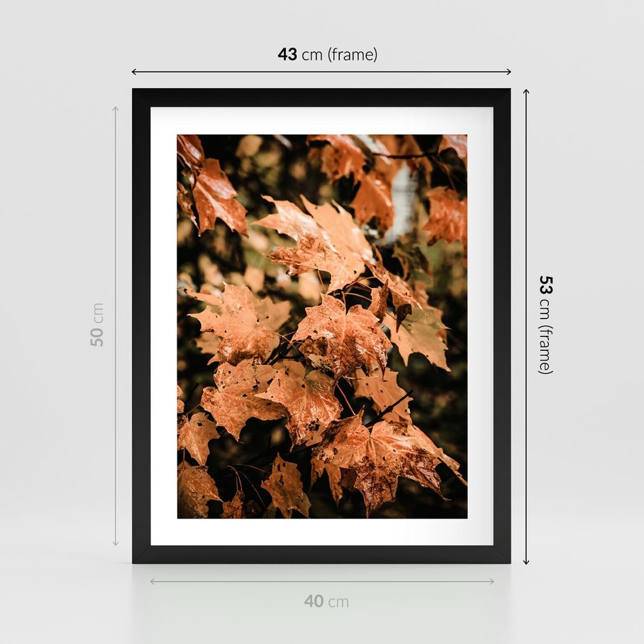 Plakat w ramie 40x50 - Ciepło Jesieni - jesienne pomarańczowe liśćie, jesień - rama czarna