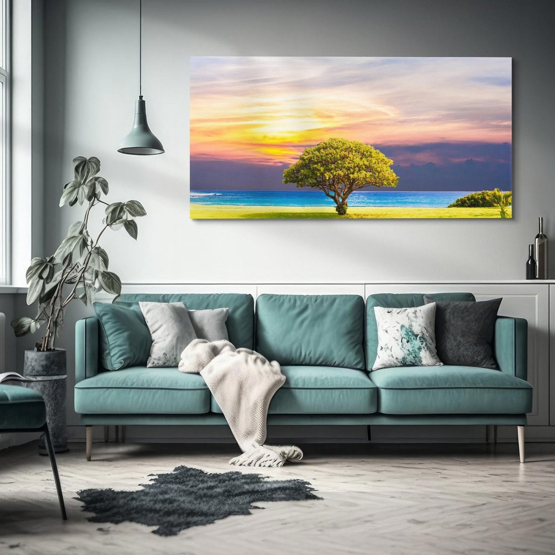 Obraz na płótnie 120x60 - Drzewo, Morze, Trawa - Naturalna Harmonia - drzewo, morze