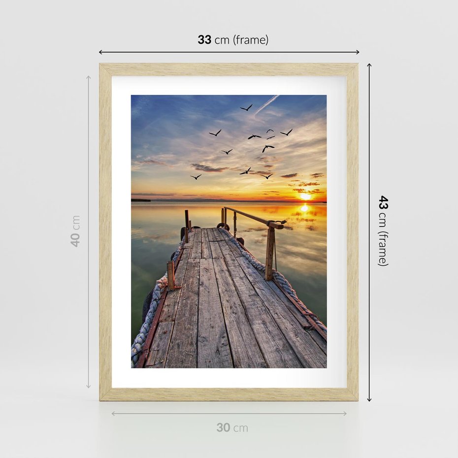 Plakat w ramie 30x40 - Spokojny pomost nad jeziorem - pomost, jezioro - rama drewno