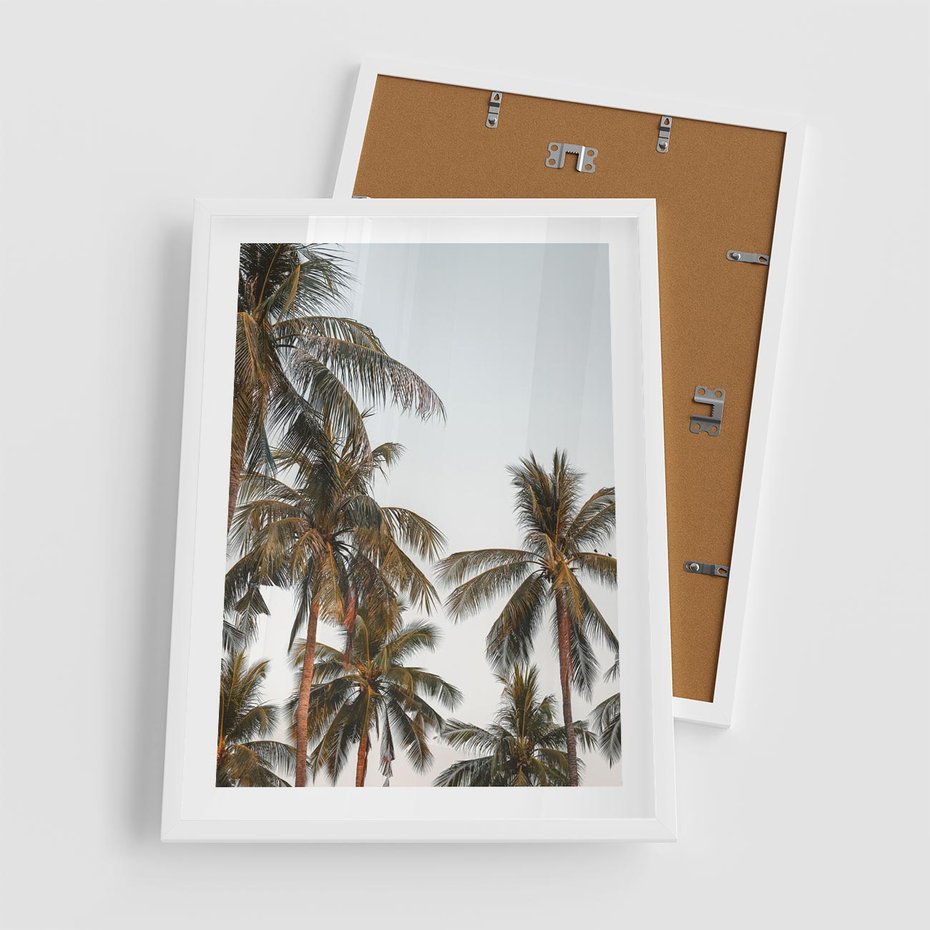 Plakat w ramie 50x70 - Palmy - tęsknota za Hawajami - palmy, Hawaje - rama biała