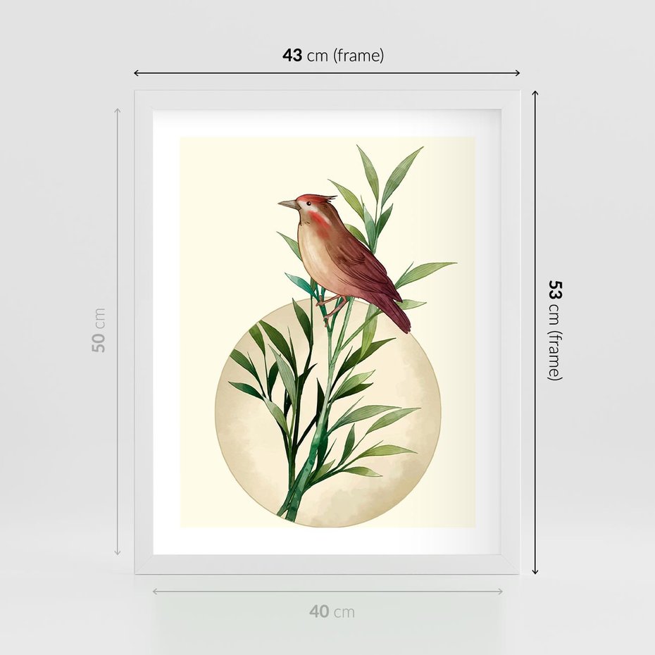 Plakat w ramie 40x50 - Rozkwitająca Delikatność - japońska sztuka, ptak - rama biała