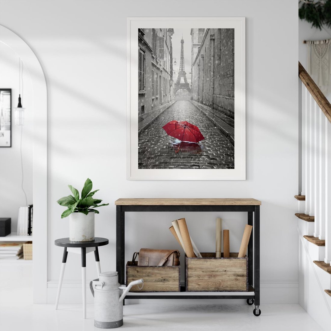 Plakat w ramie 50x70 - Kolorowy parasol w Paryżu - Paryż, parasol - rama biała