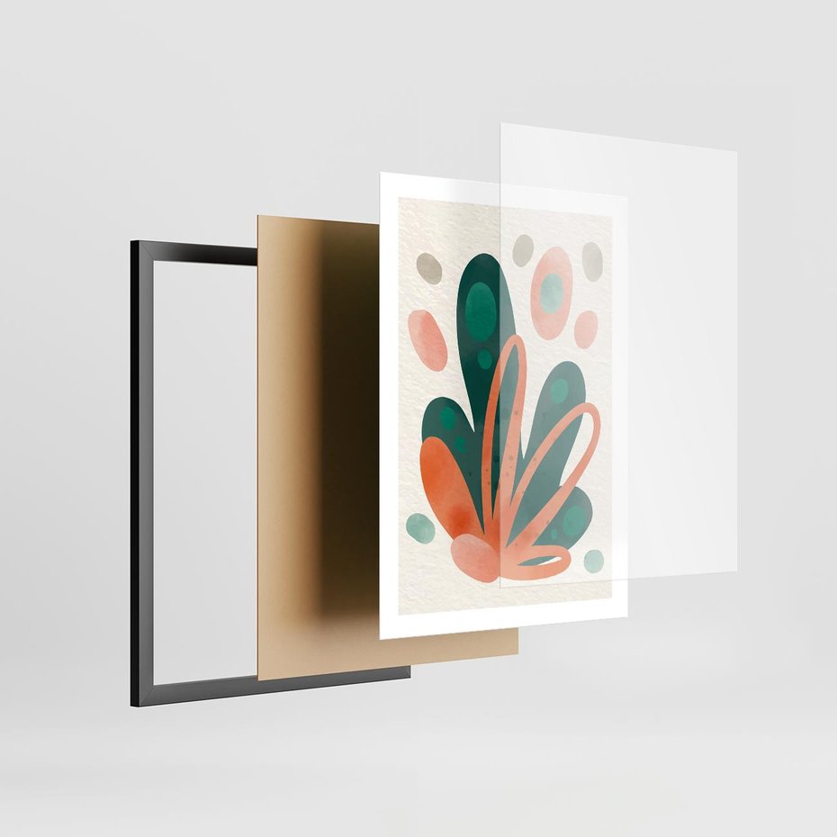Plakat w ramie 50x70 - Harmonia bez Harmonii - akwarelowe abstrakcyjne kształty, zieleń i pomarańcz - rama czarna