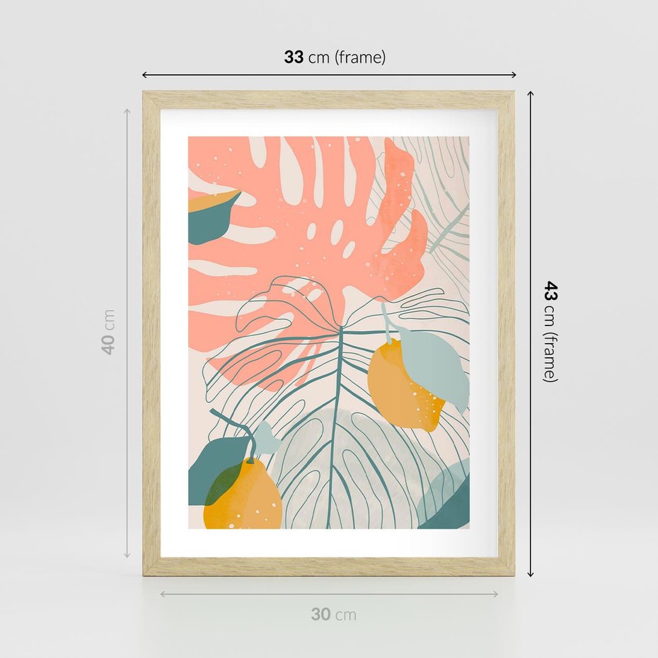 Plakat w ramie 30x40 - Sztuka Natury: Liście Monstery w Pastelach - nowoczesna grafika, pastelowe liście monstery - rama drewno