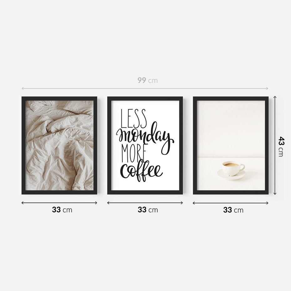 Zestaw obrazy w ramie 30x40 galeria - Kawa, łóżko, pościel, minimalizm - rama czarna