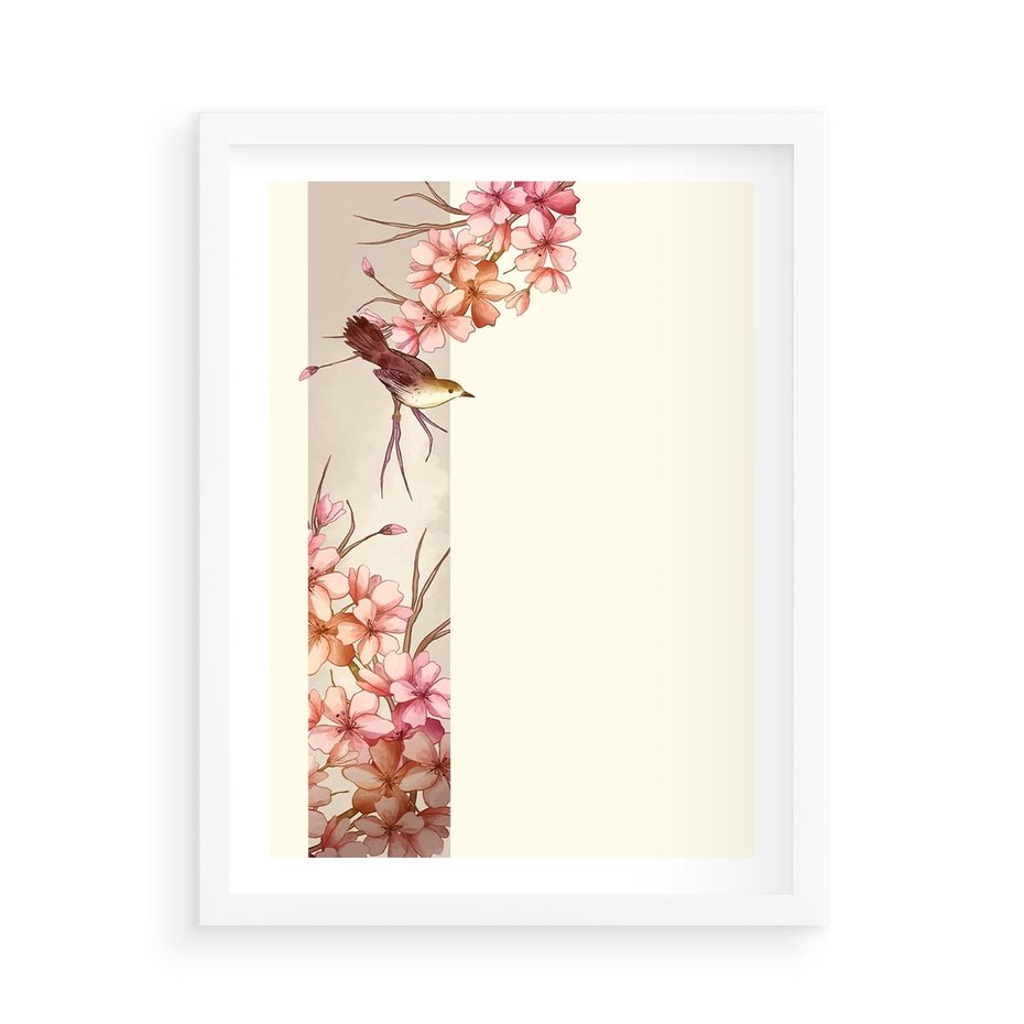 Plakat w ramie 50x70 - Rozkwitające Marzenia - japońska sztuka, ptak - rama biała
