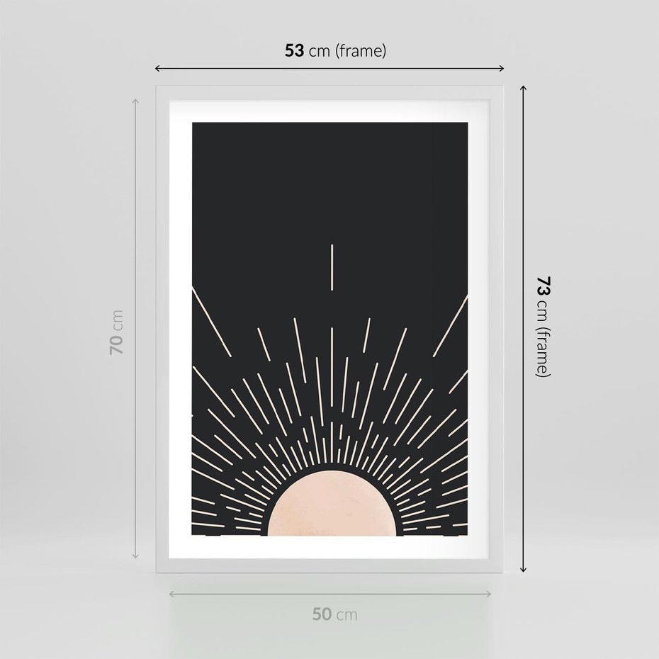 Plakat w ramie 50x70 - Słoneczny Portret Duszy - boho czarne słońce, nowoczesna grafika - rama biała