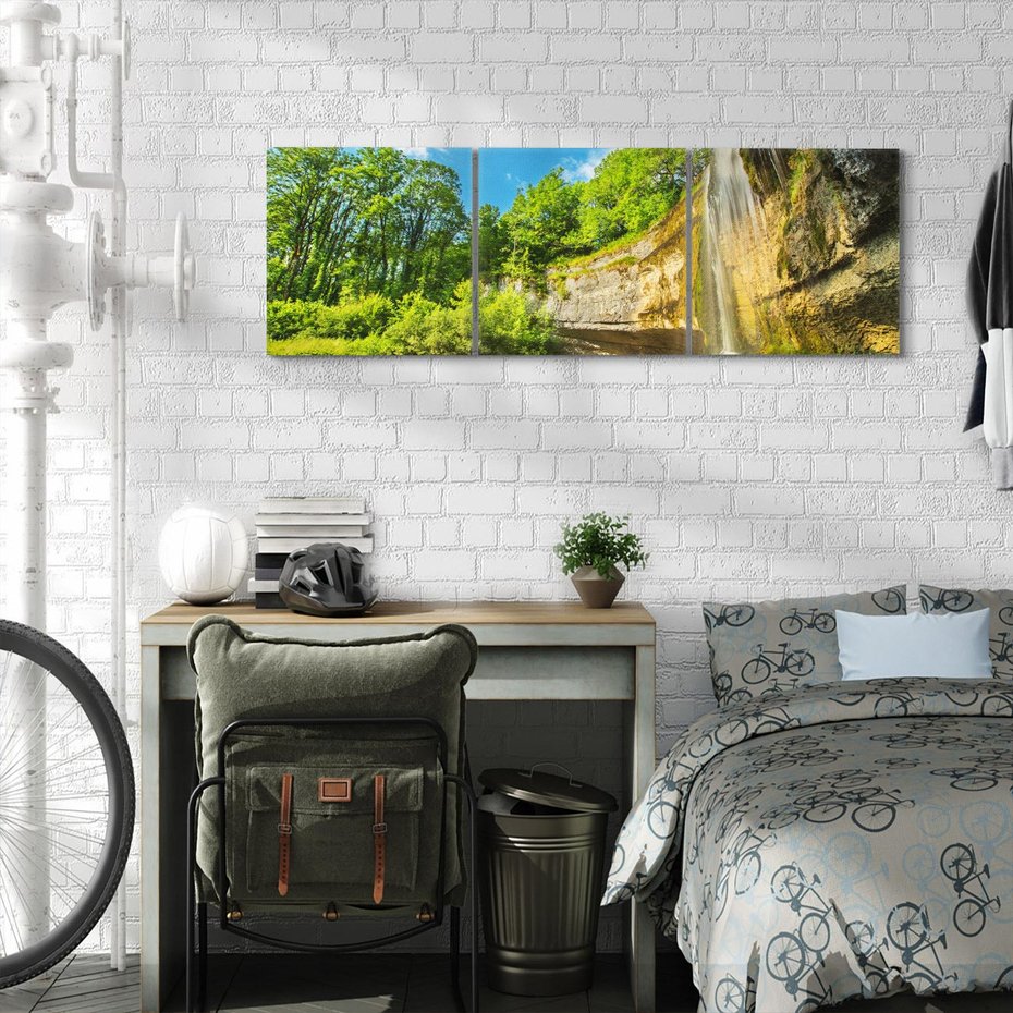 Obraz na płótnie 90x30 - Wodospad: Skały w ruchu - wodospad, las