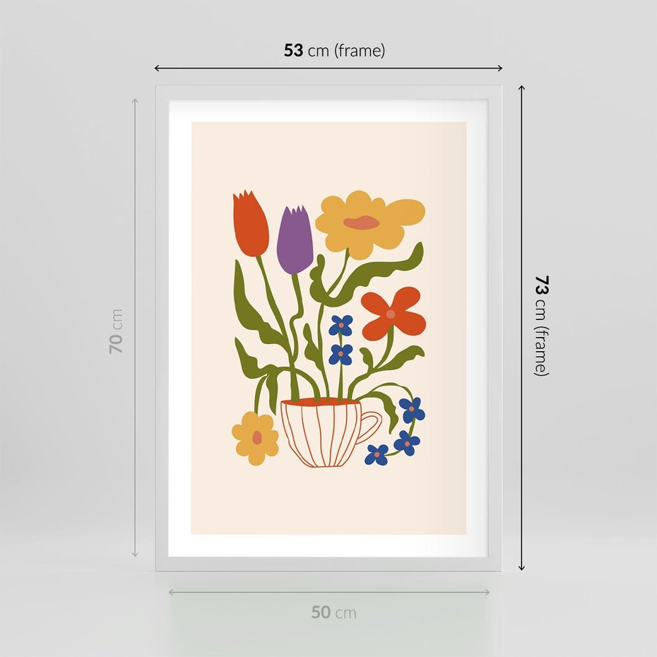 Plakat w ramie 50x70 - Kolorowe Granice - kwiaty w filizance, abstrakcja - rama biała