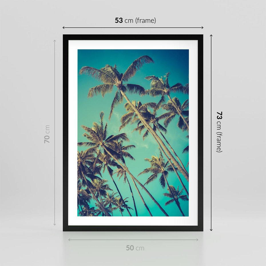 Plakat w ramie 50x70 - Tropikalne palmy w krainie słonecznych wakacji - palmy, tropiki - rama czarna