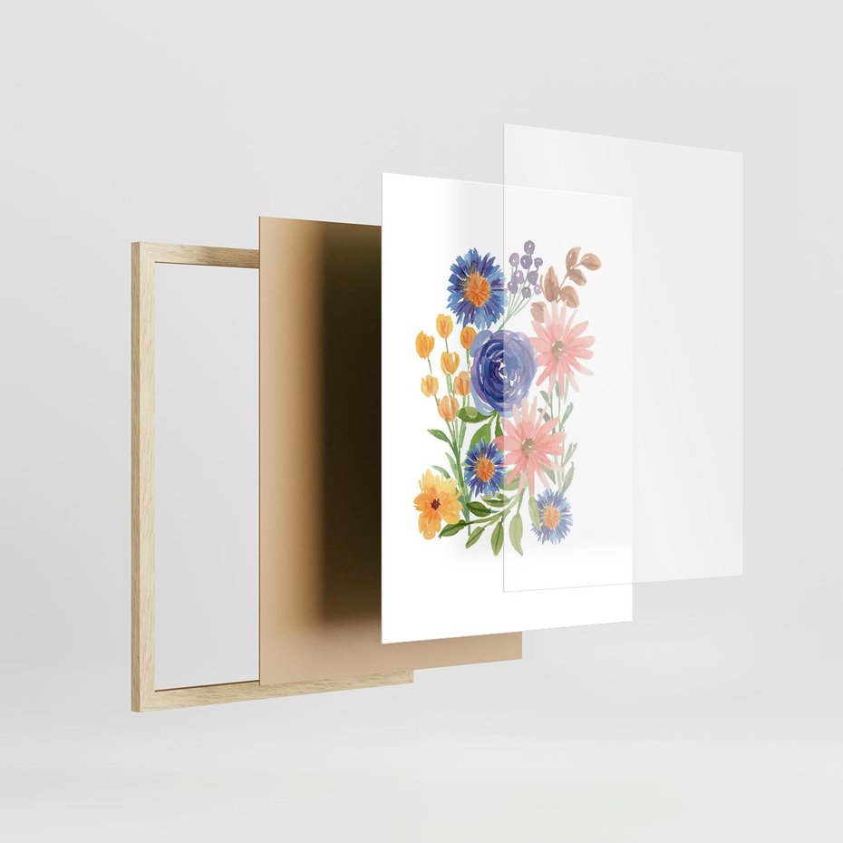 Plakat w ramie 30x40 - Migocące Widoki Kwiatów - akwarelowe polne kwiaty, minimalistyczny plakat - rama drewno