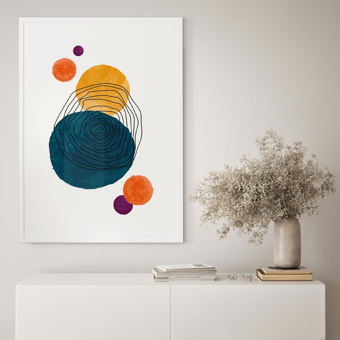 Plakat w ramie 40x50 - Kolorowe Plam z Czarnymi Liniami - kolorowe plamy, szkic - rama biała