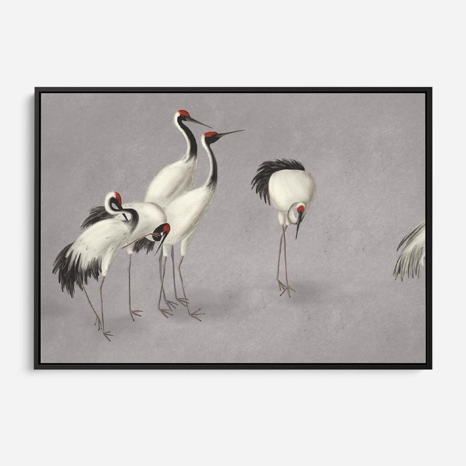 Obraz w ramie 70x50 - Spojrzenie wstecz w pędzlu - szkic rysunek, japońskie żurawie - rama czarna