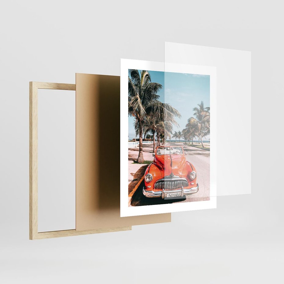 Plakat w ramie 40x50 - Retro Przejażdżka - pomarańczowy retro samochód, kabriolet - rama drewno