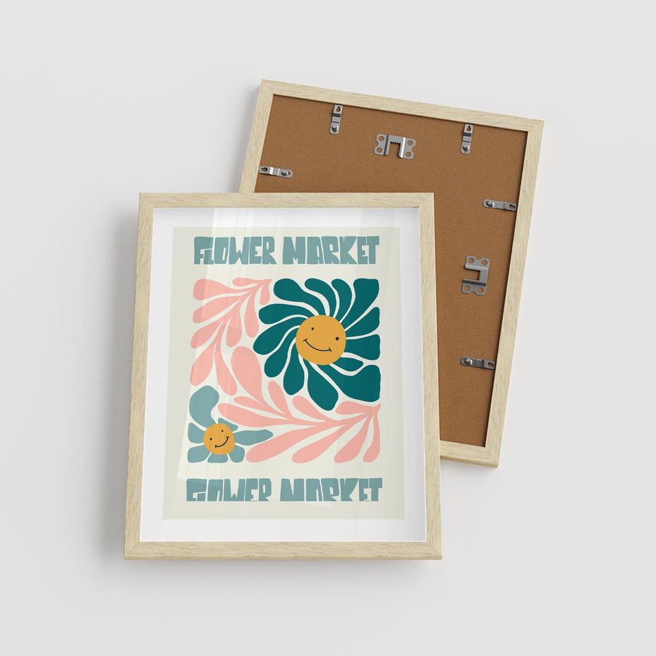 Plakat w ramie 40x50 - Harmonia płatków kwiatów - kwiatowa retro kompozycja, pastelowe kolory - rama drewno