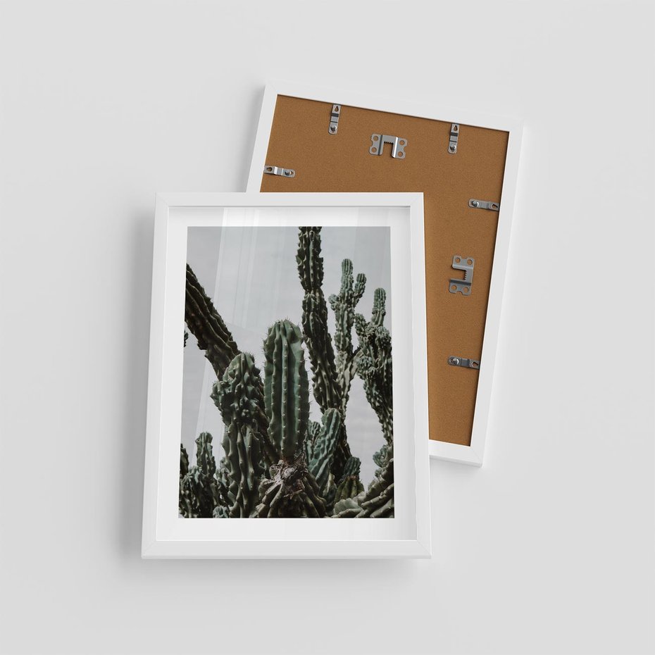 Plakat w ramie 30x40 - Boho oaza wśród kaktusów - kaktusy, pustynia - rama biała
