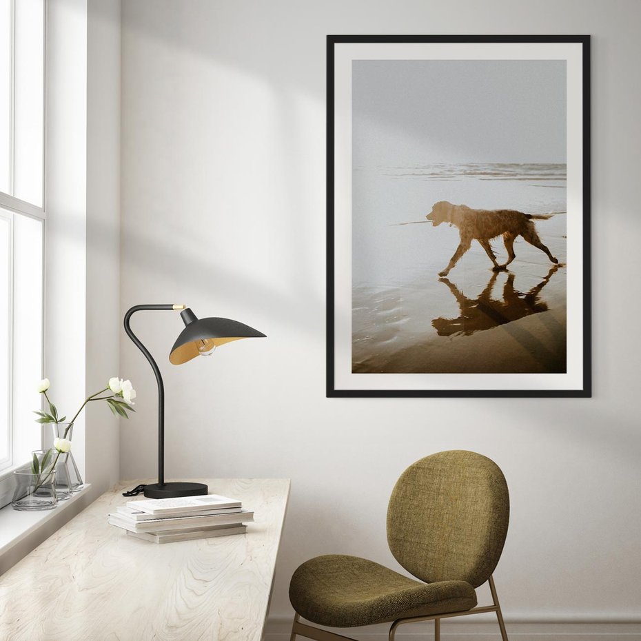 Plakat w ramie 40x50 - Przyjaciel na Plaży - pies, na plaży - rama czarna