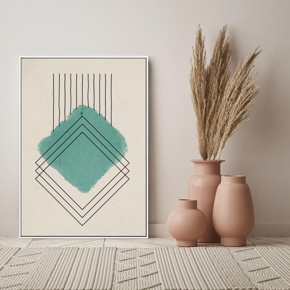 Obraz w ramie 80x120 - Impresje Przestrzeni - akwarelowa plama, geometryczne szkicowane kształty - rama biała