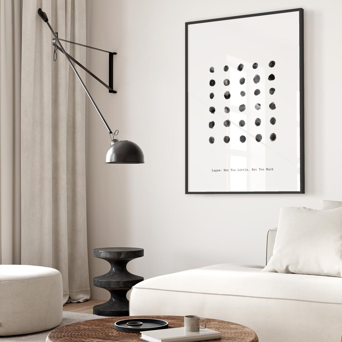 Plakat w ramie 50x70 - Boho Sztuka Wolości - minimalistyczny plakat, czarne kropki na białymtle - rama czarna