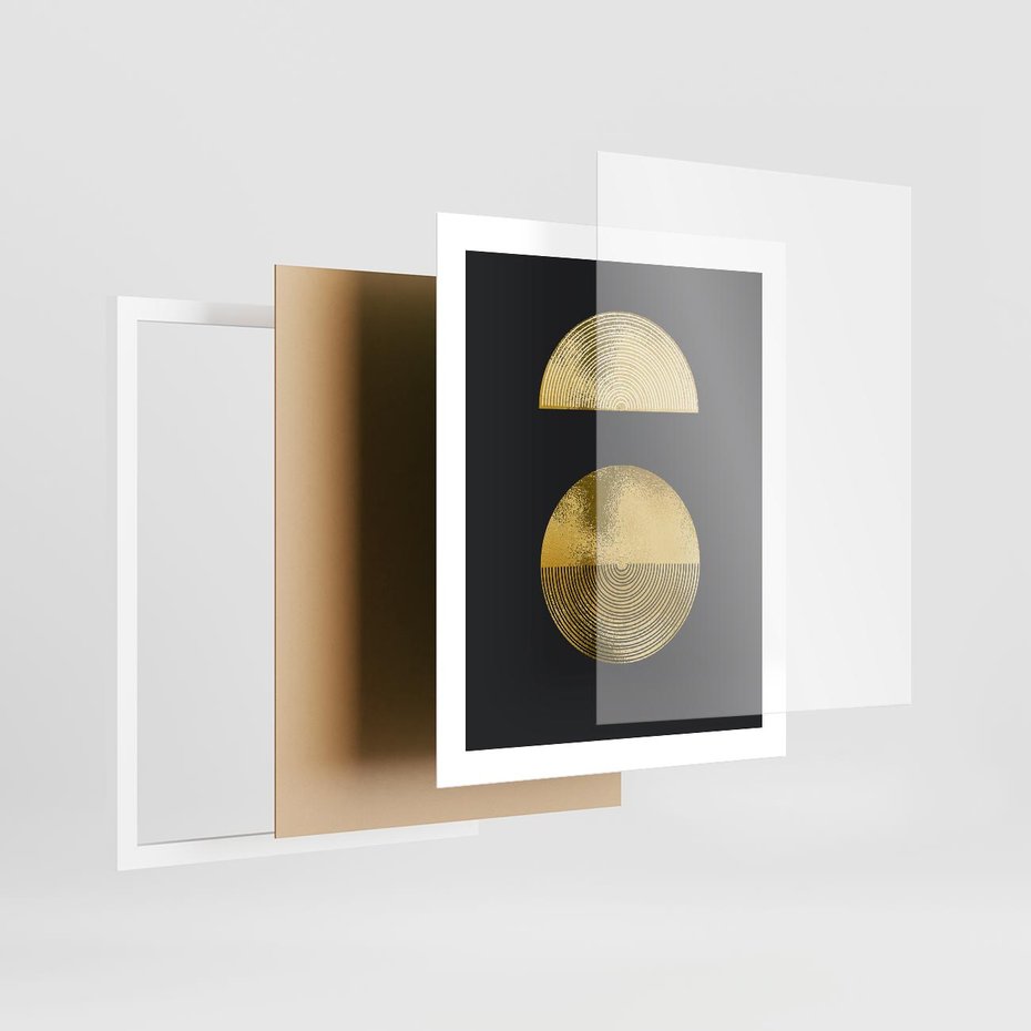 Plakat w ramie 40x50 - Migotliwe Przeniknięcia - złote koła, czarne tło - rama biała