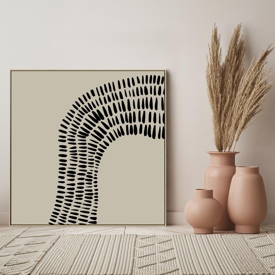 Obraz w ramie 50x50 - Migotliwa Innowacyjna Ekspresja - boho plakat, czarne kropki kreski - rama drewno