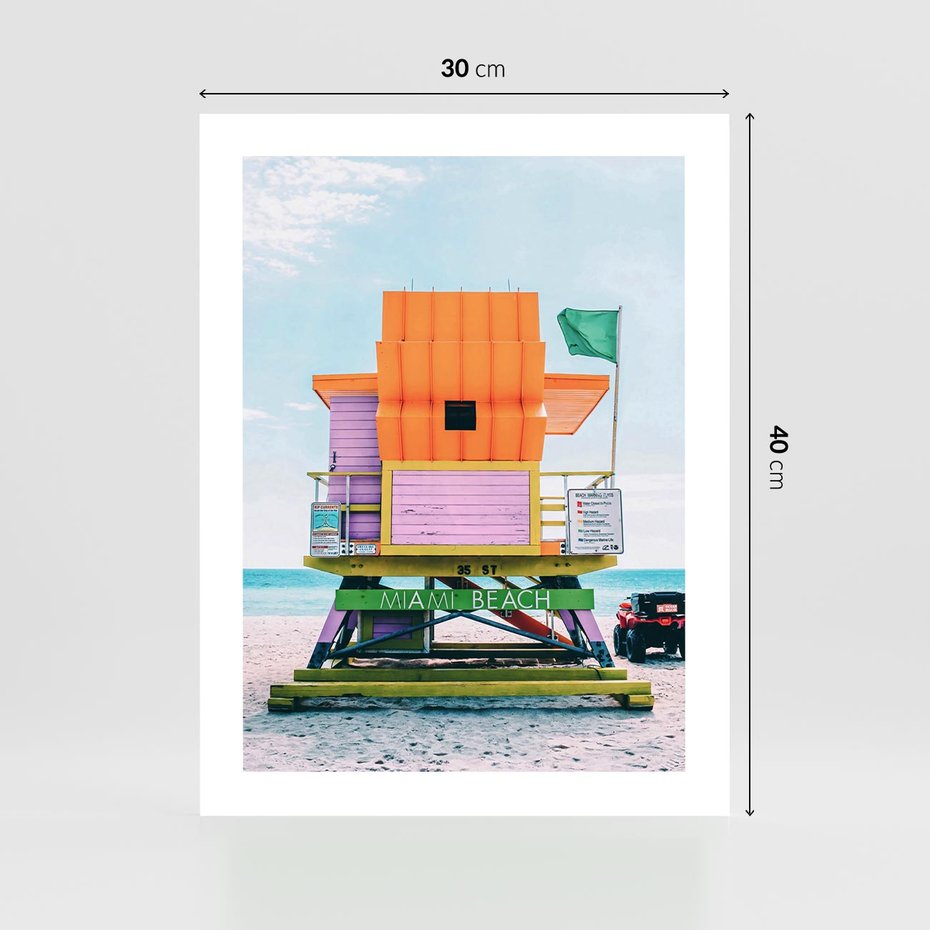 Plakat bez ramy 30x40 - Plaża Miami w Słoneczny Dzień - domek ratownika, kolorowy