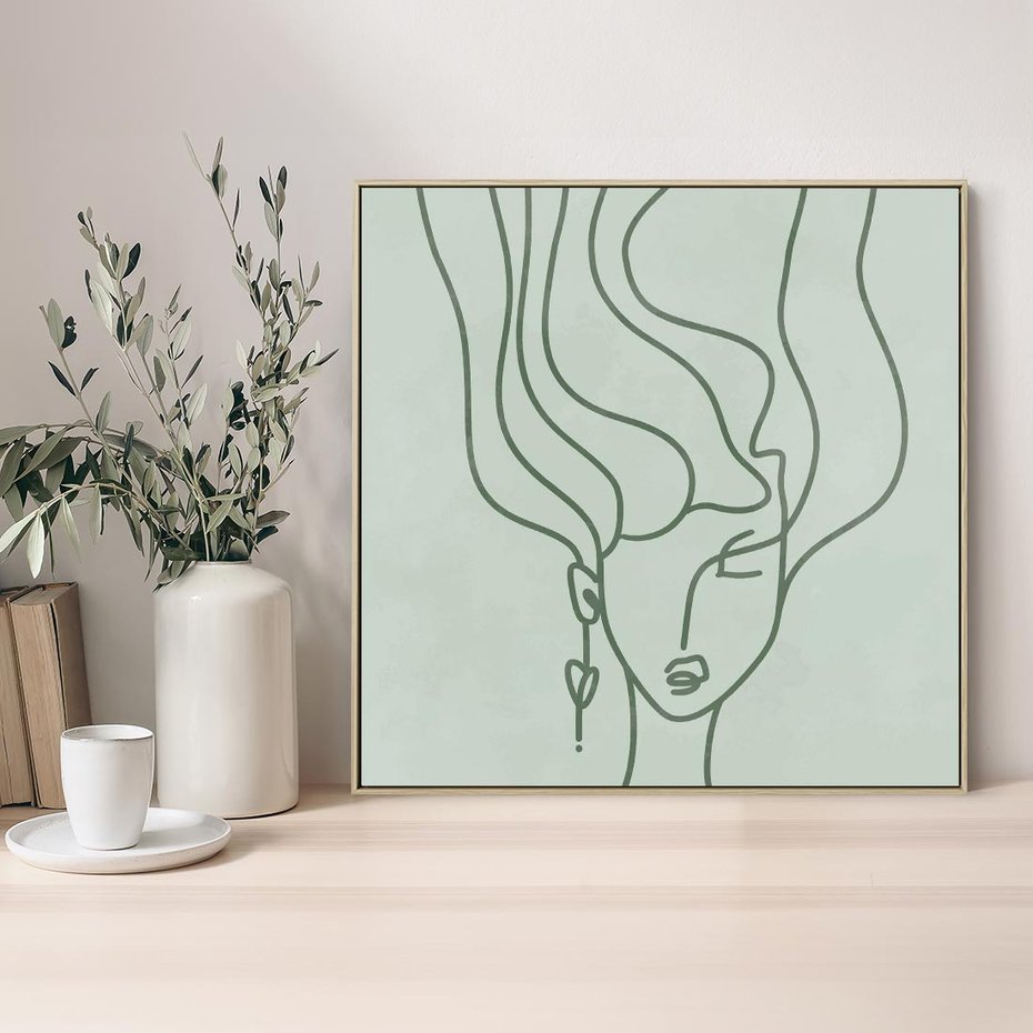 Obraz w ramie 50x50 - Spokojne Objęcia Natury - abstrakcja, zielony szkic - rama drewno