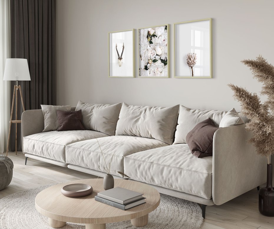 Zestaw obrazy w ramie 50x70 galeria - Kwiaty, boho, styl, minimalizm - rama drewno