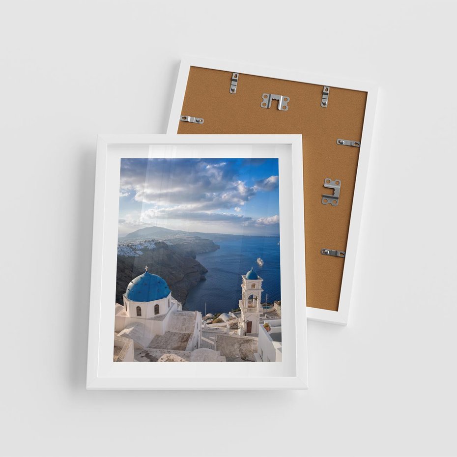 Plakat w ramie 40x50 - Błękitne Przezycia - Santorini, morze - rama biała