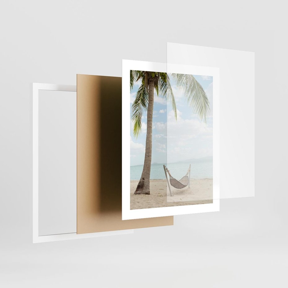 Plakat w ramie 40x50 - Relaks na plaży - palma, hamak - rama biała