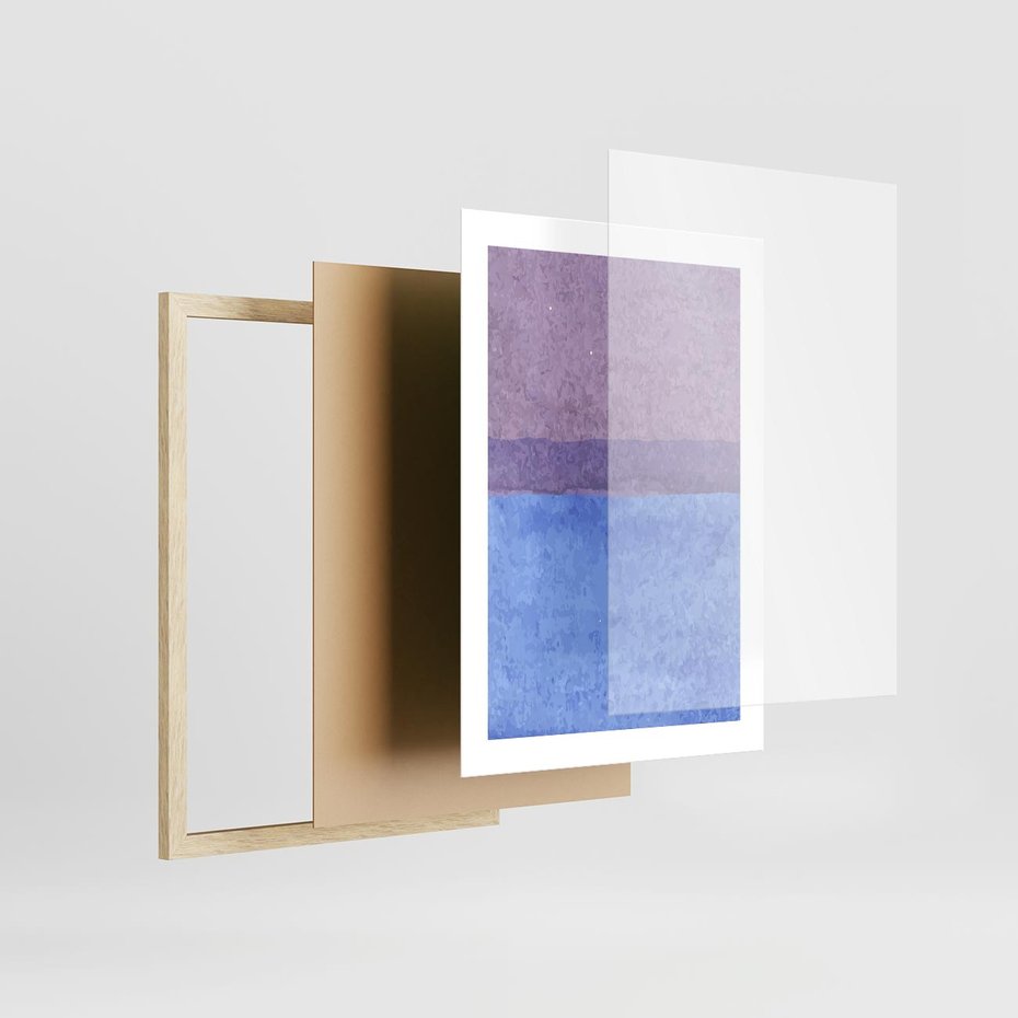 Plakat w ramie 30x40 - Taniec Światła - kolorowe akwarelowe pasy, odcienie fiolet - rama drewno