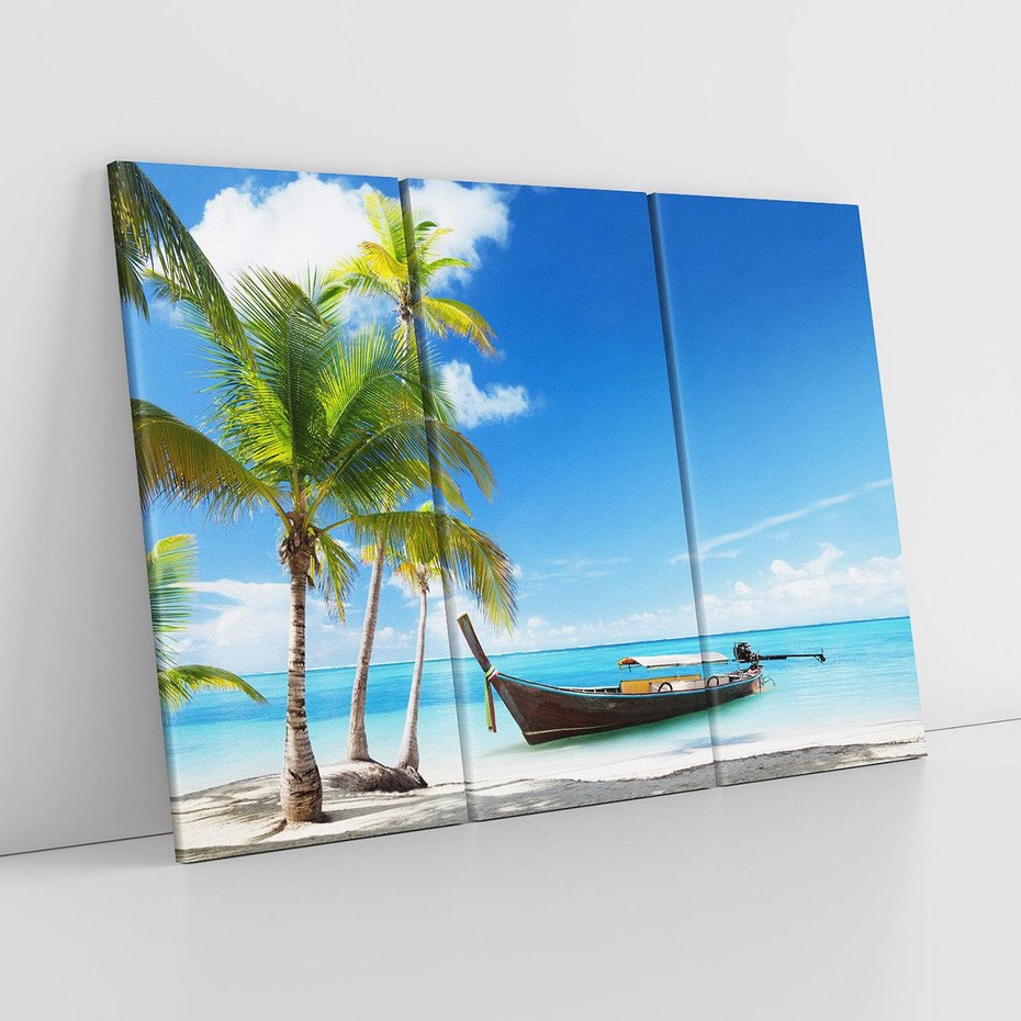 Obraz na płótnie 120x80 - Sielska plaża z łodzią na morzu - plaża, morze