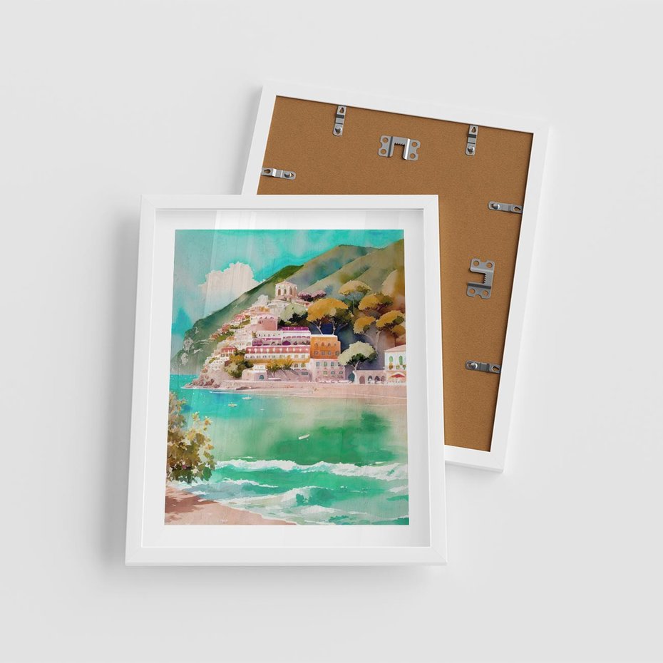 Plakat w ramie 40x50 - Na Zboczu - akwarela, nadmorski pejzaż - rama biała