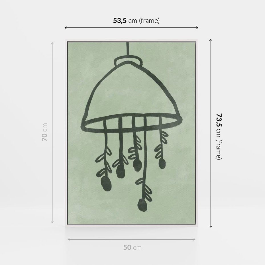 Obraz w ramie 50x70 - Zieleń Inspirującego Spokoju - plakat z abstrakcyjną zieloną lampą, skandynawski design - rama biała