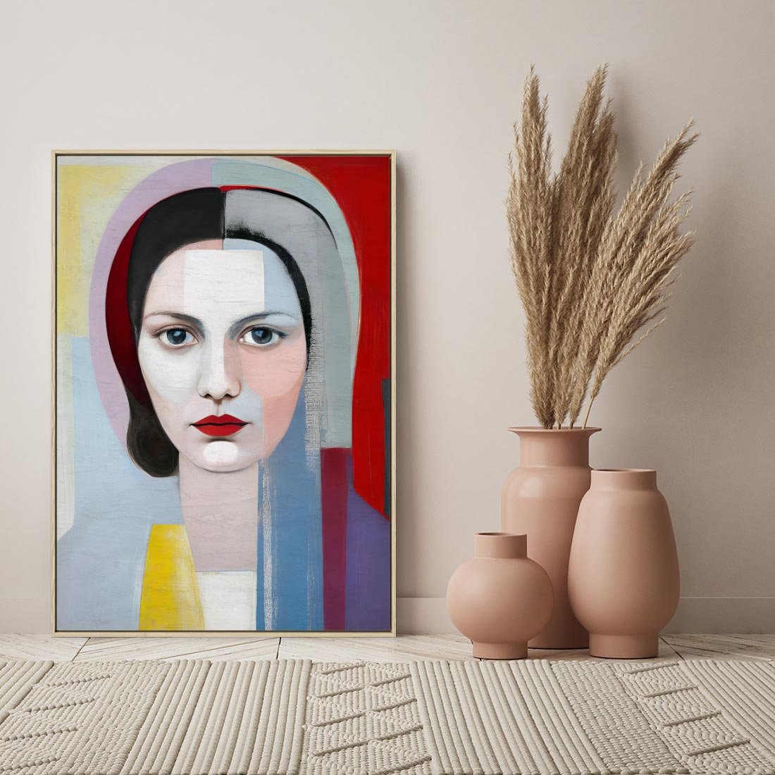 Obraz w ramie 80x120 - Kolorowe Granice Form - abstrakcyjny obraz olejny, portret twarzy kobiety - rama drewno