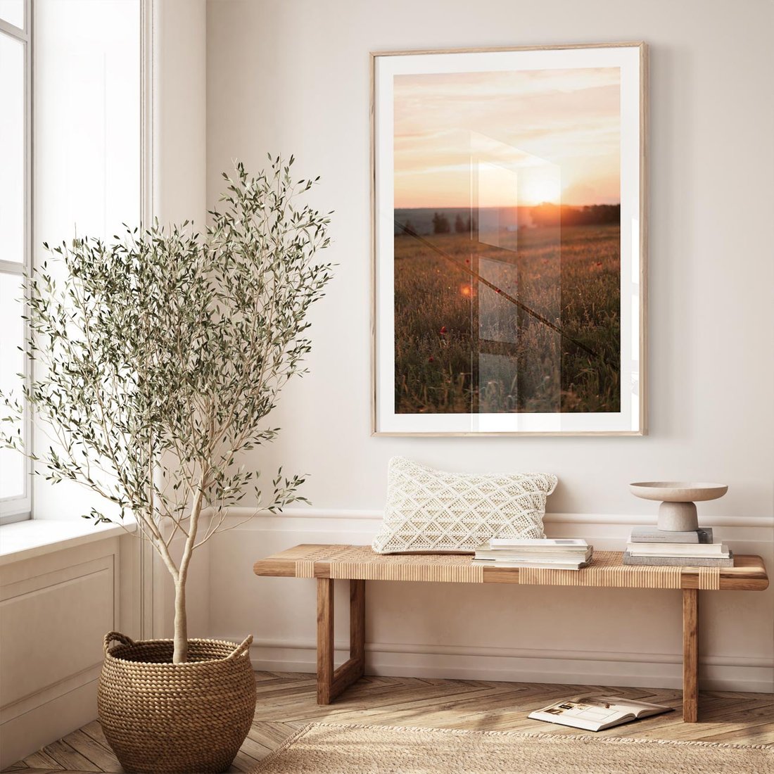 Plakat w ramie 50x70 - Łąka we Wschodzącym Słońcu: Magia Poranka - łąka, krajobraz - rama drewno