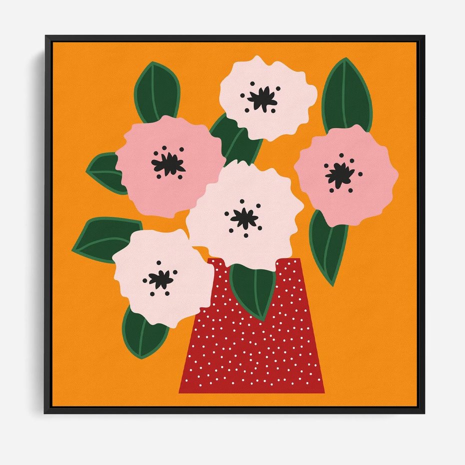 Obraz w ramie 50x50 - Harmonijne Granice - abstrakcyjne kwiaty, żółte tło - rama czarna