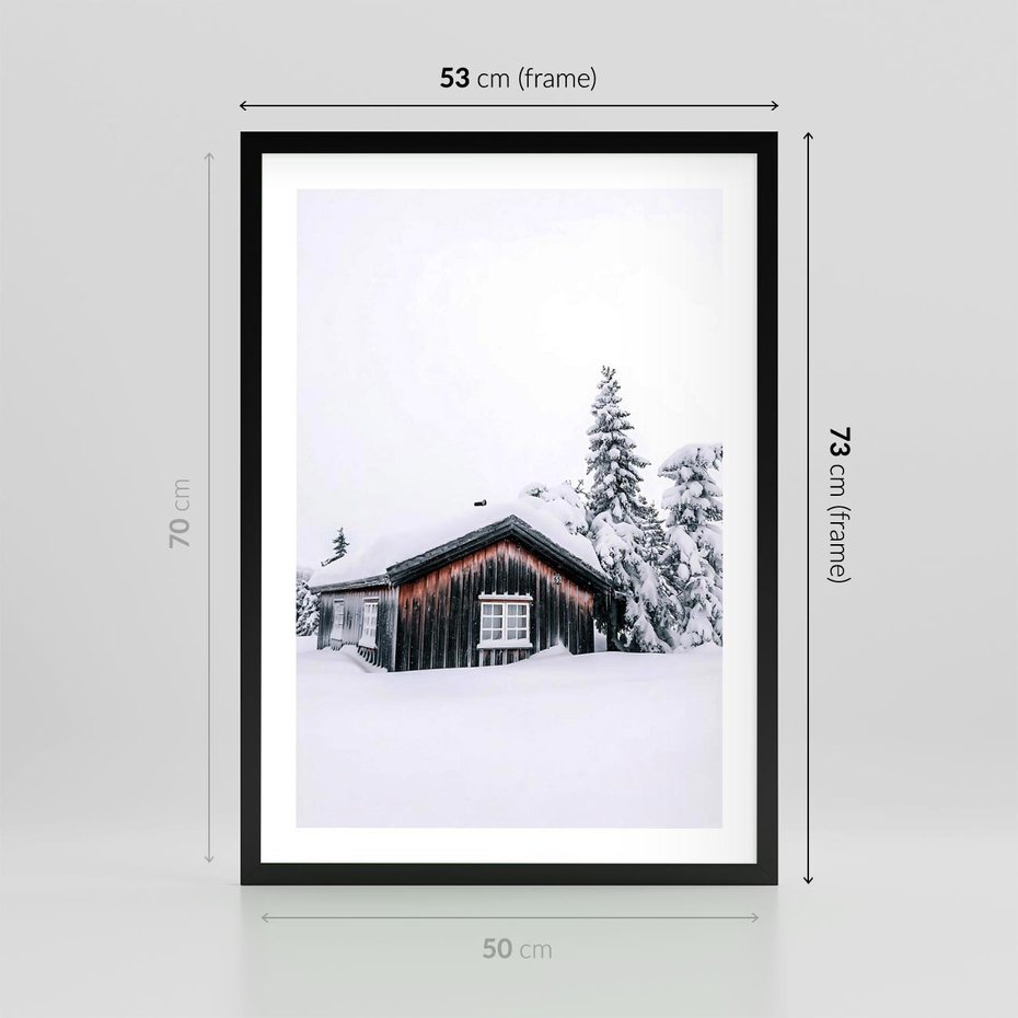 Plakat w ramie 50x70 - Zimowy Azyl: Domek w Górach - domek w górach, śnieg - rama czarna