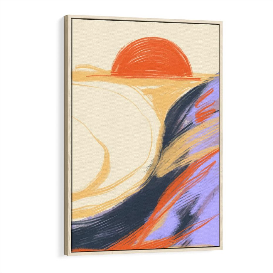 Obraz w ramie 80x120 - Pomarańczowy Horyzont - pastelowy krajobraz, nowoczesny plakat - rama drewno