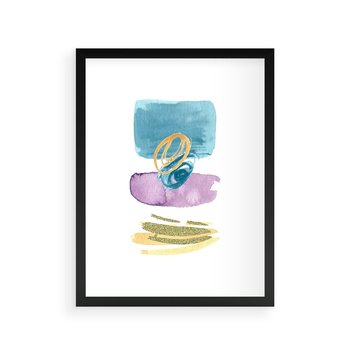 Plakat w ramie 40x50 - Taniec Akwarelowych Kresek - akwarelowe plamy w odcieniach błękitu, złote kreski - rama czarna