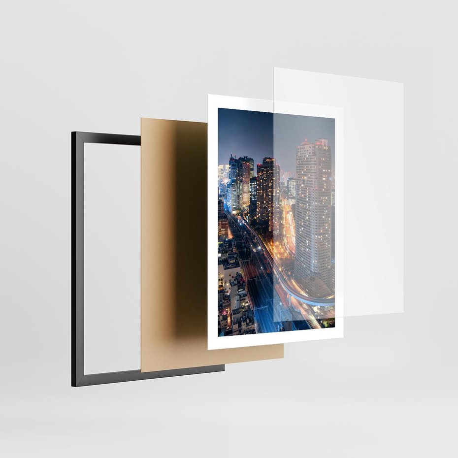 Plakat w ramie 50x70 - Miasto nocą z wieżowcami w tle - miasto, nocą - rama czarna