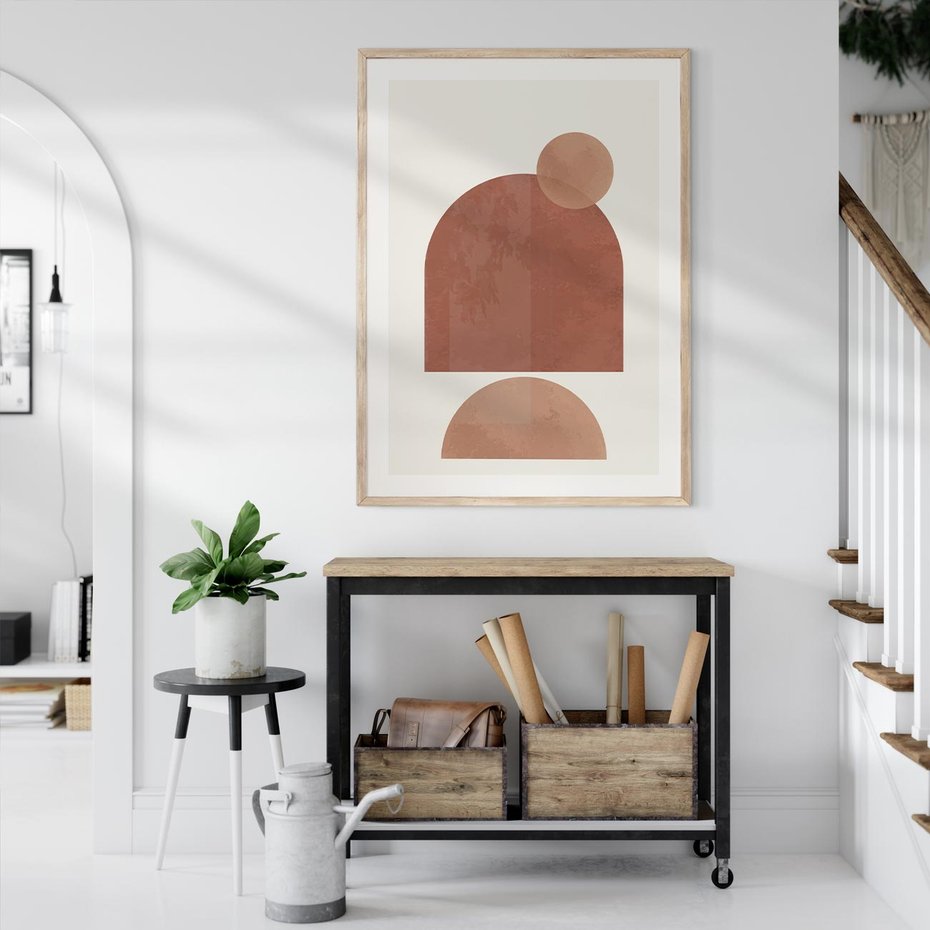 Plakat w ramie 30x40 - Rozkwitające Odbicia - abstrakcyjne geometryczne kształty, odcienie brązu i beżu - rama drewno