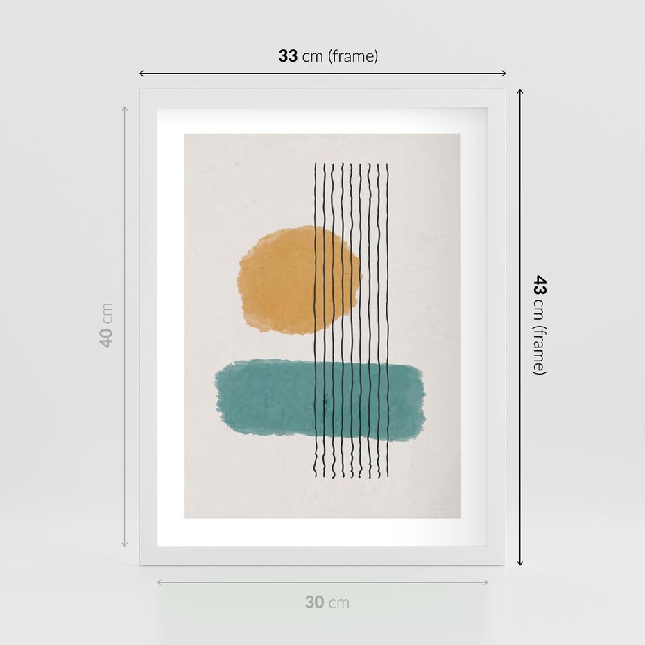 Plakat w ramie 30x40 - Wibracje Barw - abstrakcyjne akwarelowe plamy, nieregularne kreski - rama biała