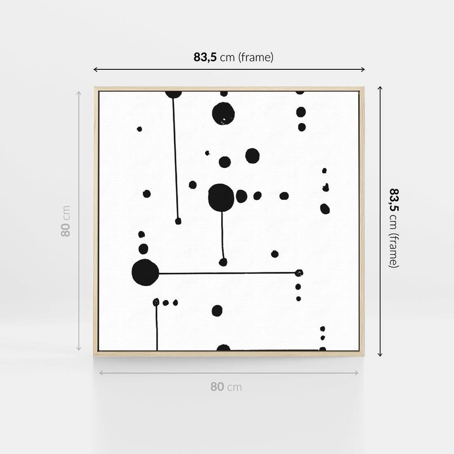 Obraz w ramie 80x80 - Nocne Zawirowania - abstrakcyjny plakat, czarne kropki i kreski - rama drewno
