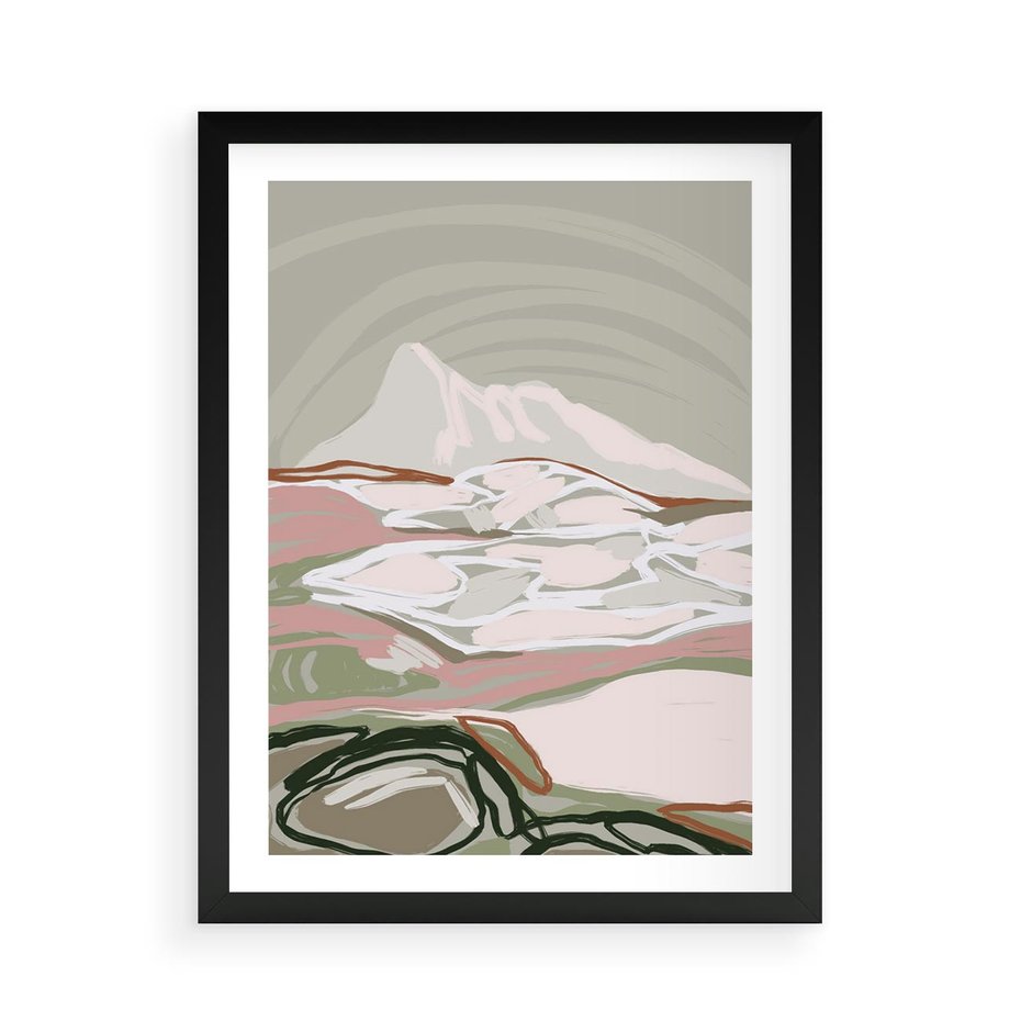 Plakat w ramie 50x70 - Szarawe Wzgórza - pastelowy krajobraz, nowoczesny plakat - rama czarna