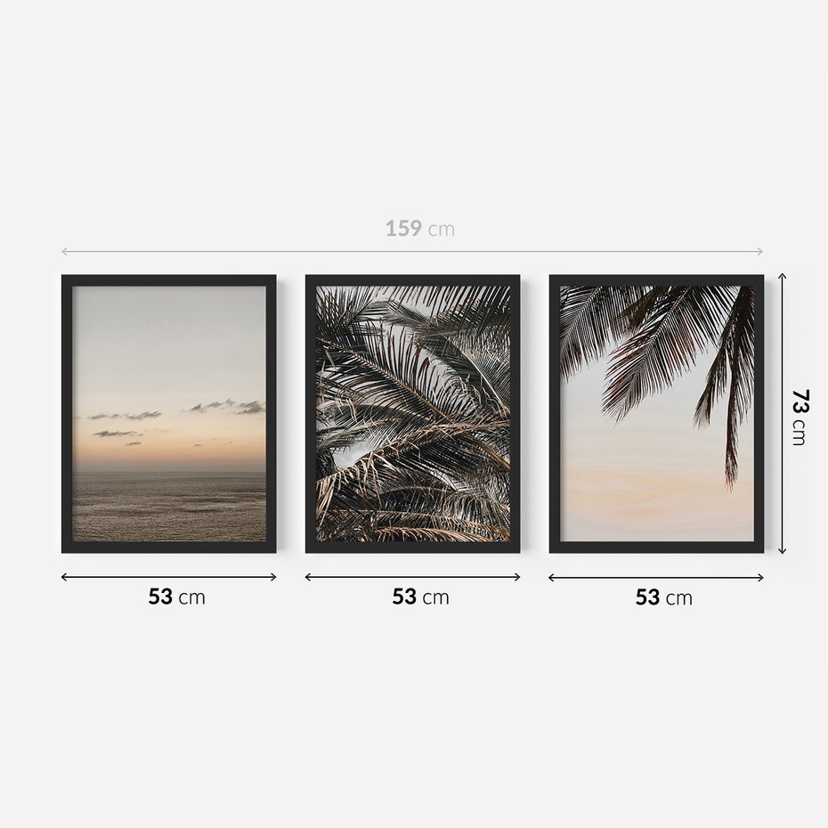 Zestaw obrazy w ramie 50x70 galeria - Palmy, plaża, zachód, słońca - rama czarna