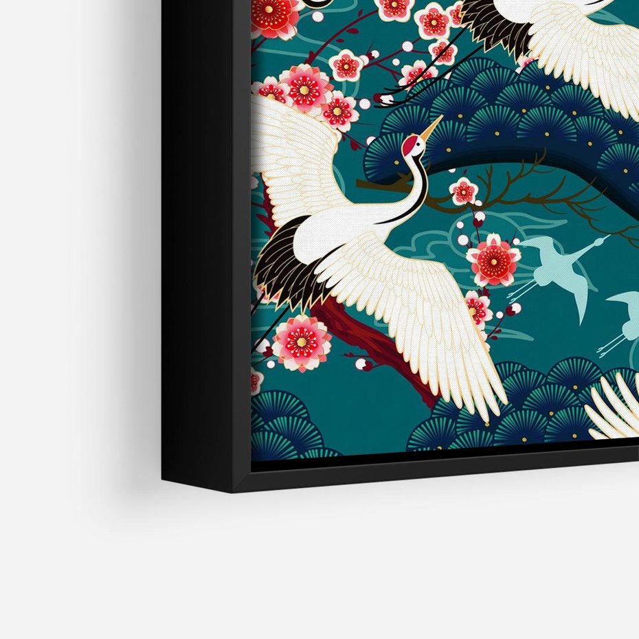 Obraz w ramie 50x50 - Żurawie Wachlarze - orientalne japońskie żurawie, grafika - rama czarna
